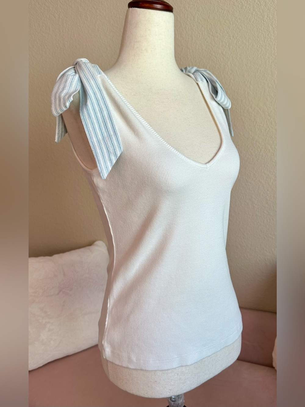 Maeve Anthropologie Rafaela Bow-Tie Tank Top Small White Blue Striped Bows Sweet